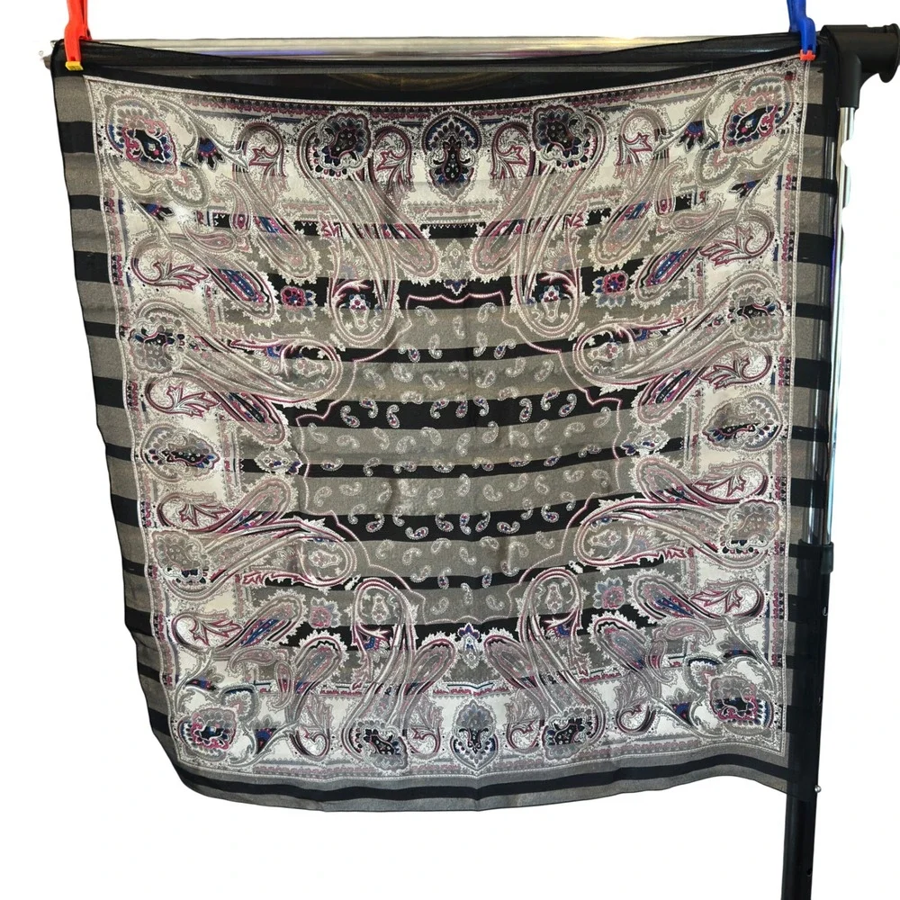 Paisley Square Scarf Black Grey Pink Striped Chiffon Large 33in Accessory